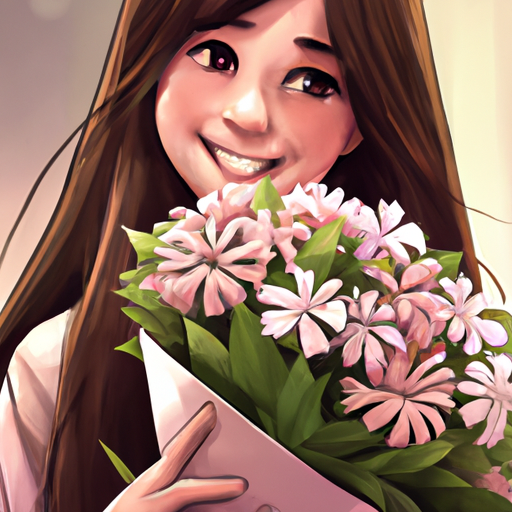 אישה מחייכת בשמחה כשהיא מחזיקה זר פרחים